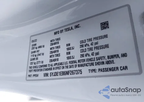 2022 Tesla Model 3 Long Range Dual Motor All-Wheel Drive z USA, uszkodzony, nr VIN 5YJ3E1EB6NF267375